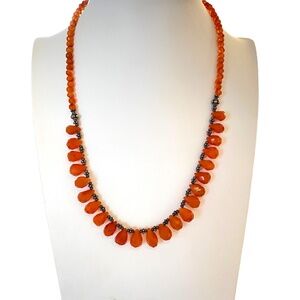 Faceted orange carnelian beaded necklace briolette beads sterling 7"